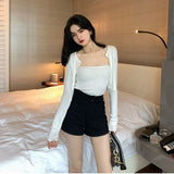 Women Solid Basic Tops Button Up O-neck Elegant Cropped Sweaters Streetwear Slim Knitted Outwear Ulzzang Fashion