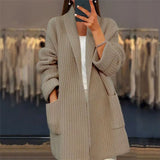Zingj Women's 2024 New Women's Thick Solid Color V-Neck Cardigan Loose Pocket Sweater Coat-Outfit