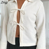 Women Spring Autumn Loose Coat Tops Solid Color Tie-Up Front Lapel Neck Long Sleeve Casual Streetwear