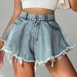 New Women Denim Shorts With Holes And High Waist Loose Tassel Jeans