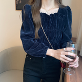 T-shirts Women Puff Long Sleeve Pleated Retro Design Fashion Chic Gentle Autumn Ulzzang Simple Square Collar