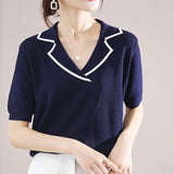 New Knitted Tees Short-sleeved Women's Lapel Pullover Vest Casual Color Contrast Tops Female Sweater Jacket