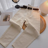 Straight Jeans Women with Belt Vintage Basic Blue Ankle-length Denim Pants Plus Size Boyfriend Gray Jeans