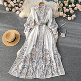Zingj Spring And Autumn Style Holiday Style Holiday Style Lantern Sleeve Printed Dress A Skirt With Waist Swinging Above Knee