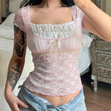 Street 2024 Spring New Blouse Tight Lace Pleated Square Tie Short-Sleeved Blouse