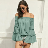 Off Shoulder Blouse Women Fashion Solid Color Long Sleeve Plus Size Casual Sexy Shirts Female Chiffon Tops And