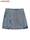 Button Decoration Side Slit Denim Mini Skirts Casual Female High Waist Loose Clothes LUJIA ALAN