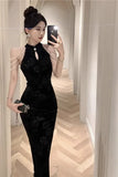 Hot Girl Retro Long Dress Children's Autumn Elegant Velvet Embossed Pearl Chain Cheongsam Dress Fashion Female