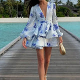 Women's Elegant Fashion V-Neck Bubble Sleeve Print Lotus Leaf Side Short Dress