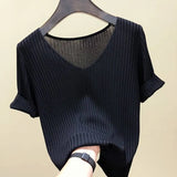 Zingj Summer Thin New Ice Silk Sweater Loose V-Collar Bottomed Black T-Shirt Short-Sleeved Women's Solid Color Ins