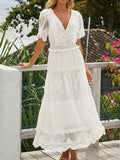 Dress Women Sexy White Dress Female Fashion V Neck Short Sleeves Summer Dress Ladies Hollow Out Maxi Dress Robe