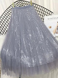 Summer Skirts Women Korea Long Tulle Skirt Sequined Pleated A Line Midi Skirt Chic High Waist Skirt