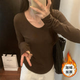 Pleated Waist Bottomed T-Shirt Women's New Hair-Grabbing Multicolor Shoulder Long-Sleeved T-Shirt In Autumn And