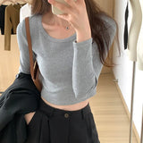 Solid Color Long-Sleeved T-Shirt Women's Early Autumn New Short Style Slim U-Tie Bottom Shirt With A Hundred Collarbone