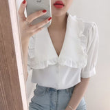 Women Blouses Solid Ruffles Sweet Short Sleeve Peter Pan Collar Tender Elegant Teens All-match Retro Ulzzang Lovely XS-3XL