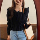 Korean Chic White Blouse Women Ruffles Tops Casual Long Sleeve Shirts Sweet V-neck Button Shirt Blusas Mujer De Moda