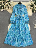 Autumn Bohemian Tie Dye Pleated Long Dress Women Elegant Stand Collar Ruffle Single Breasted Lantern Sleeve Draped