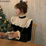 Sales Women Patchwork Hollow Out White Lace Tops Stand Collar Formal Design Black Cute Sweet Ruffled Shirts Blouses