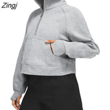 Women‣s Stand Collar Pullovers Long Sleeve Solid Color Half Zip Front Pocket Sweatshirts Spring Autumn Loose