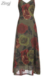 Spaghetti Strap Vintage Floral Printing Chiffon Dress Long Chic Fashion Holidays Maxi Dresses Women Double Layer