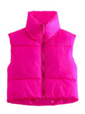 Women Fashion Brown Cropped Vest Coat Female Stand Collar Zipper Waistcoat Ladies Casual