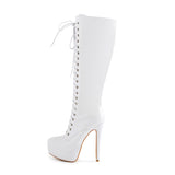 Onlymaker Women's Round Toe Stiletto Platform Zipper Knee High Boots16CM High Heel Pattern Lace Up Plus Size Boots For