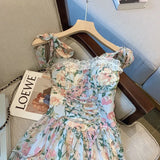 Lovely Elegant Allover Floral Lace Trim Tie Strap Dress Korean Style Chiffon Sleeveless Bandage Summer Holiday