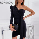 Women Solid Elegant One Shoulder Long Puff SleevesSexy Formal Party Black