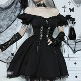 Cross Print Strap Shoulder Lace Spliced Dress Dark Sexy Slim Princess