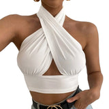 Summer Tank Tops Sexy Solid Color Cross Halter Neck Push Up Hollow Crop Tops 2022 New