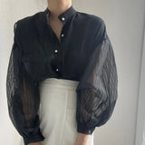 Puff Sleeve White Shirts Blouse Women New Spring Single-breasted Shirt Tops See Through Sexy Loose Blouse Female