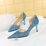 Zingj Sexy Nightclub Show Thin Department With High Heel Shallow Pointed Side Hollow Shining Sequined Single