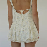 White Floral Print Pleated Trim Mini Dress-Outfit