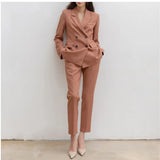 Fashion Women Elegant Office Lady Two Piece Set Blazer Work Wear Slim Solid Pants