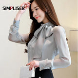 Grey Pink White Thin Shirts Women Bow Chiffon Blouses Plus Size Ladies Office Work Wear Tops Elegant Korean Style