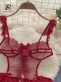Summer Strap Sheer Sexy Bodysuits Ruffles Hotsweet Mesh Erotic Nightwear Fashion Embroidery Backless Sensual