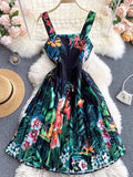 Spring New Sling Dress Seaside Vacation Tropical Printing, Shoulder Slimming And Skinny Skirt