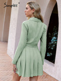 Elegant a-line pleated two piece suit sets women Office lady v-neck button mini skirt set lapel Spring crop blazer