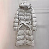 Autumn Winter New Down Jacket Female Long Money Slim Over The Knee Hoodie Waist Show Thin Belt Money Warm Coat Tide-Outfit