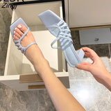 Women Slippers Sexy High Heels Outdoor Slides Women Summer Shoes Sandals Heels Female Square Toe Slipper Designer Brand