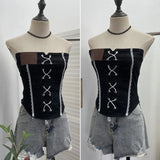 Sexy Water Wash Denim Pocket Spliced Lace Bra Design Without Strap Vest