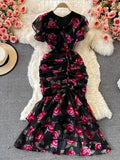 Lotus Leaf Waist Shows Lean Temperament Lady V Collar Bag Hip Fishtail Chiffon Dress Fashion Dress