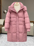 Autumn Winter New Station Hooded Down Jacket Female Long Style Reduce Age Thickening Warm White Duck Down Coat Tide-Outfit