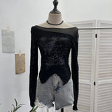 Breeze Butterfly Graffiti Mesh Patchy Texture Long-Sleeved T-Shirt Picties Short Repair Bodysuit
