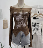 Breeze Butterfly Graffiti Mesh Patchy Texture Long-Sleeved T-Shirt Picties Short Repair Bodysuit
