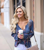 V Neck summer printed Flora lace Up chiffon blouse Ladies Long Sleeve Shirts blusas mujer de moda