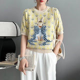 Summer Women Knitted Sweater European Style Cartoon Pattern Fashion Jacquard Round Neck Short Sleeve Casual Jumpers