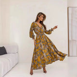 Zingj Women's Dress Dress Print V-Neck Sexy Slit Long Sleeve