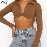 Women’s Casual Long Sleeve T-shirt Fashion Solid Color Button Lapel Exposed Navel Tops Autumn Crop Tops