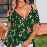Neck Short Sleeve Top Summer Sexy Women Printed Hollow Out T Shirt Fashion Loose Off Shoulder Casual Plus Size Shirts
